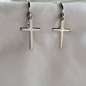 14K White Gold Plated Cross Dangle Drop Earrings